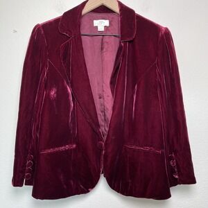 Loft Women Velvet Blazer Jacket 12 Burgundy Maroon One Button Waist Length Holid